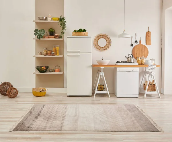 Alfombra Cocina Estilo Parquet Decorativo Nuevo Refrigerador Lavavajillas Estante Espejo — Foto de Stock