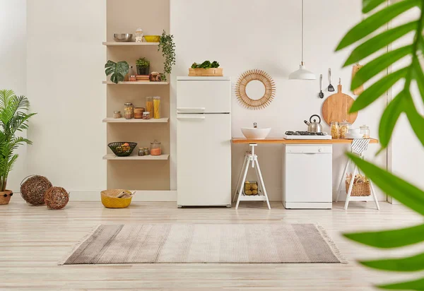 Karpet Dapur Pada Gaya Parket Kulkas Baru Dekoratif Dan Pencuci — Stok Foto