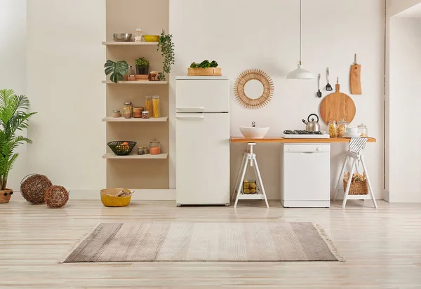 Alfombra Cocina Estilo Parquet Decorativo Nuevo Refrigerador Lavavajillas Estante Espejo —  Fotos de Stock