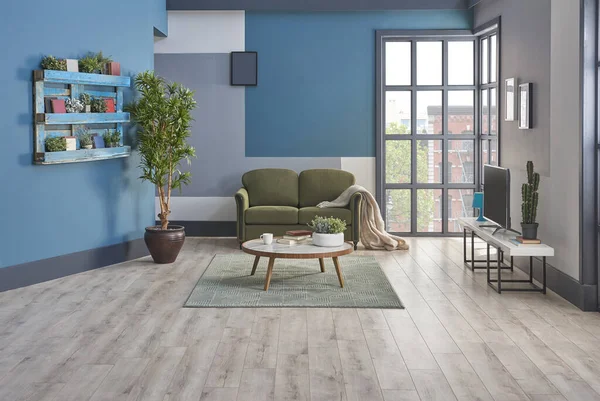 Sala Televisión Moderna Fondo Azul Estantería Pared Muebles Sofá Verde — Foto de Stock