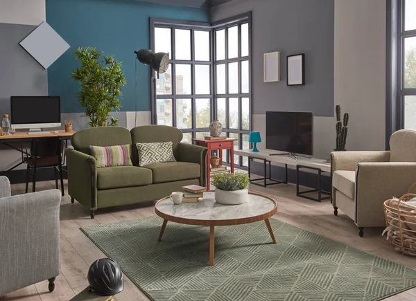 현대의 텔레비전 책꽂이 녹색과 카펫과 테이블 스타일 — 스톡 사진