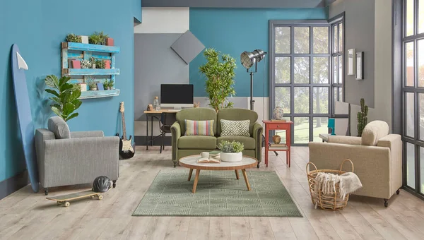 Blaue Und Graue Wand Hintergrund Grüne Möbel Sofa Und Sessel — Stockfoto