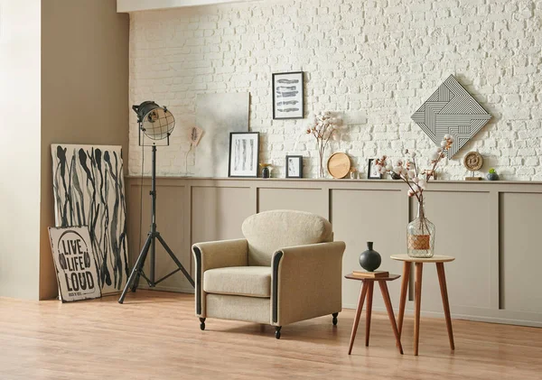 Modern home concept, brown and white brick wall, poster frame lamp wooden chair home style.