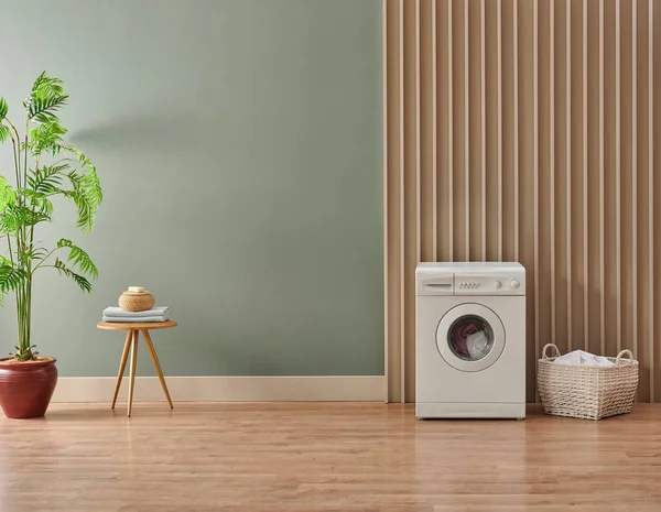 Çamaşır odası tarzında çamaşır makinesi, iç mekan konsepti, kirli çamaşır dekoru, vazo vazolu kahve masası..