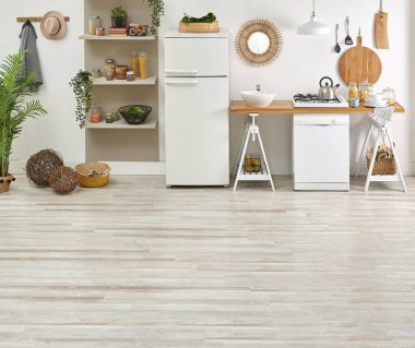 Dekoratif oturma odası ve mutfak arka plan tarzı, yeşil kanepe ve koltuk orta masa, kahverengi kitaplık ve yemek masası tarzı.