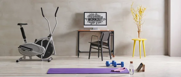 Sportive and training room style with purple mat dumbbell, computer background.