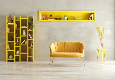 Gri taş duvar zemin, sarı mobilya tarzı koltuk koltuğu raf ve oyuk, iç mekan dekorasyonu tarzı..