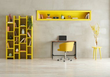 Gri taş duvar zemin, sarı mobilya tarzı koltuk koltuğu raf ve oyuk, iç mekan dekorasyonu tarzı..