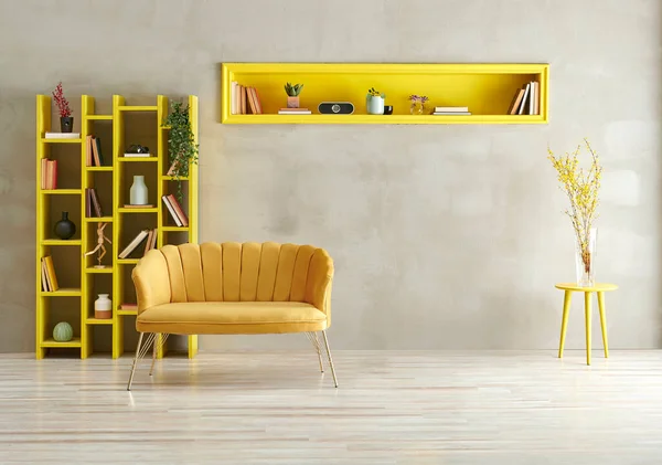 Fondo Pared Piedra Gris Muebles Estilo Amarillo Con Sofá Sillón — Foto de Stock