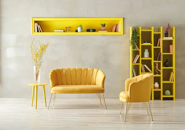 Fondo Pared Piedra Gris Muebles Estilo Amarillo Con Sofá Sillón — Foto de Stock