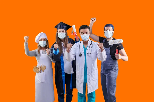 Chef, Graduated girl, doctor and painter man, group of various profession in pandemic and wear mask, colorful background.