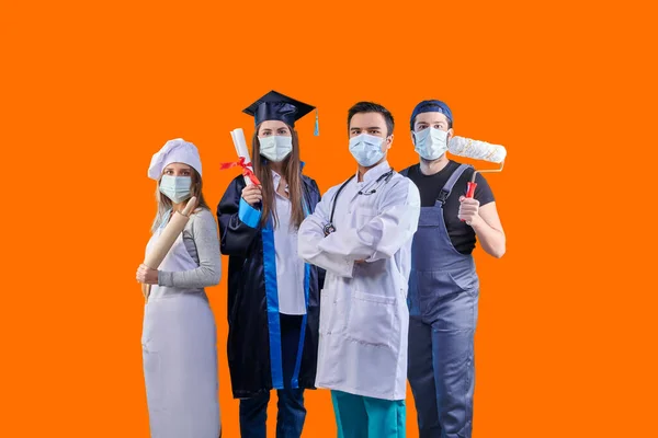 Chef, Graduated girl, doctor and painter man, group of various profession in pandemic and wear mask, colorful background.