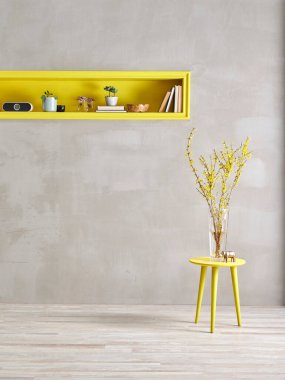 Gri taş duvar, oda, iç mekan tarzı sarı oyuk, yeşil saksı vazosu, kitaplık dekoru..