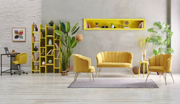 Muebles Decorativos Sofá Amarillo Habitación Pared Piedra Gris Nicho Amarillo — Foto de Stock