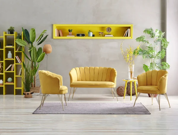 Decorative yellow sofa furniture set in the room, grey stone wall, yellow niche and bookshelf, home decor.