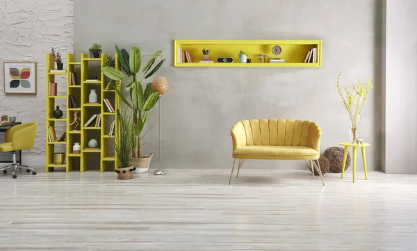 Muebles Decorativos Sofá Amarillo Habitación Pared Piedra Gris Nicho Amarillo — Foto de Stock