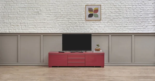 Television unit on the red cabinet in the room, rocking chair, poster and frame, white brick wall concept and under brown classic detail background.