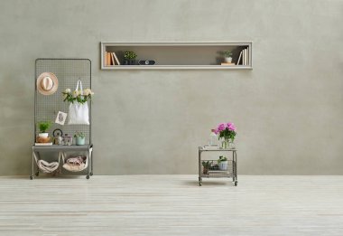 Gri taş duvar konsepti, ev dekorasyonu, metal raf, çantada çiçek, metal orta masa ve oyuk.