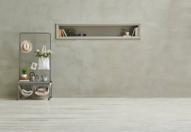 Gri taş duvar konsepti, ev dekorasyonu, metal raf, çantada çiçek, metal orta masa ve oyuk.