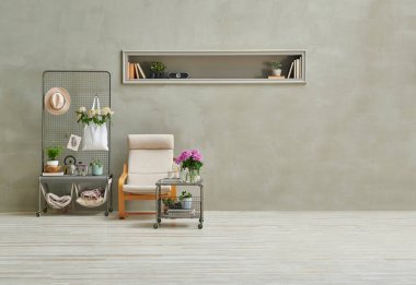 Gri taş duvar arka planı, nikâh, sallanan sandalye, çiçek detayı, ev dekorasyonu tarzı..