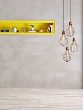 Sarı oyuklu gri beton duvar ve dekoratif lamba tarzı.