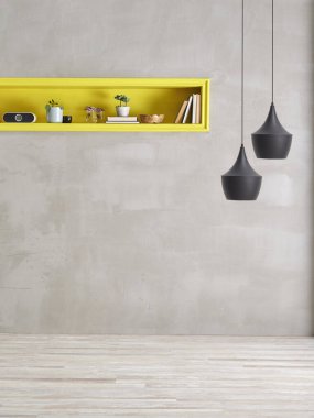 Sarı oyuklu gri beton duvar ve dekoratif lamba tarzı.