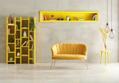 Gri beton arka plan, sarı oturma odası kanepe ve lamba konseptli kitaplık..