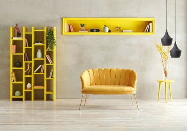 Gri beton arka plan, sarı oturma odası kanepe ve lamba konseptli kitaplık..