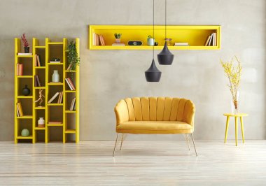 Gri beton arka plan, sarı oturma odası kanepe ve lamba konseptli kitaplık..