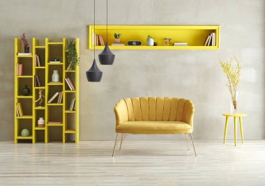 Gri beton arka plan, sarı oturma odası kanepe ve lamba konseptli kitaplık..