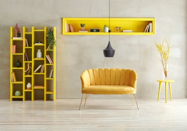 Gri beton arka plan, sarı oturma odası kanepe ve lamba konseptli kitaplık..