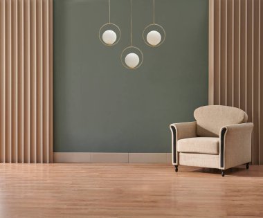 Kanepe ve lamba kavramına sahip yeşil duvar oturma odası arka planı.