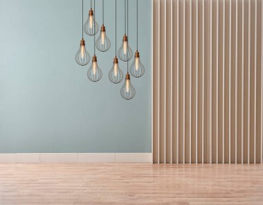 Yeşil duvar ve ahşap arkaplan, lamba stili oturma odası.