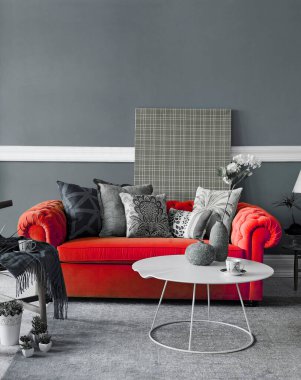 Siyah-beyaz oturma odası konsepti, ev dekorasyonu, klasik kırmızı kanepe ve sandalye..