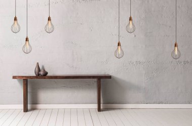 Lamba konseptli gri taş duvar ahşap masa.