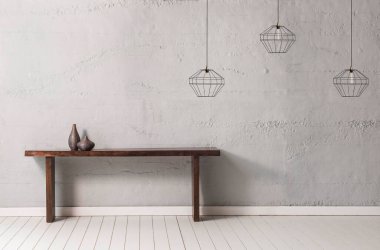 Lamba konseptli gri taş duvar ahşap masa.