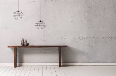 Lamba konseptli gri taş duvar ahşap masa.