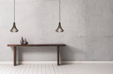 Lamba konseptli gri taş duvar ahşap masa.