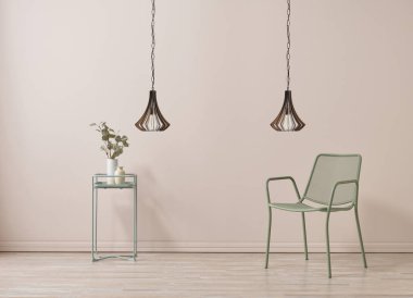 Duvar lambası, sehpa ve vazo..