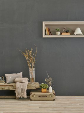 Dekoratif gri taş duvar ve arka planda sandalye ve ahşap bank tarzı.