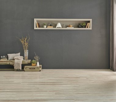 Dekoratif oda ve taş duvar arka plan gri ve ahşap bank tarzı lamba.