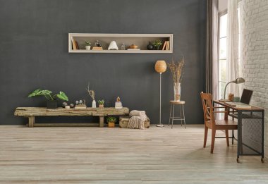 Gri taş duvar ve iç mekan, ahşap bank ve çalışma masası, hasır sandalye tarzı, turuncu lamba..