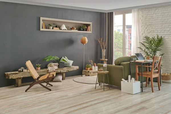 Grey Stone Wall Living Room Green Armchair Wicker Chair Orange — Stock Photo, Image