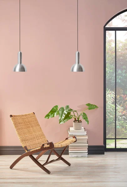 Pink Wall Room Wicker Chair Plant Lamp Decoration Style — Stock Photo, Image