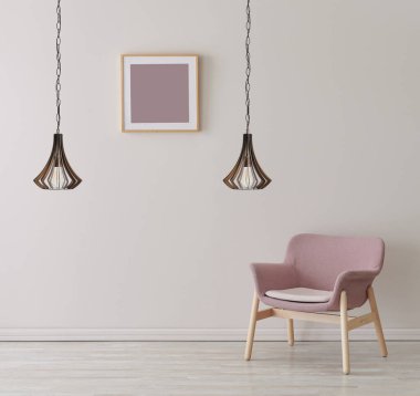 Çerçeveli lamba duvarı ve sandalye konsepti, iç oda.
