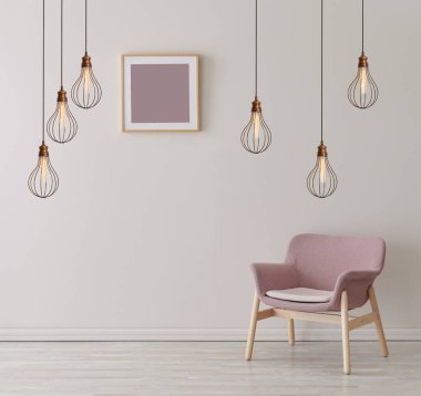 Çerçeveli lamba duvarı ve sandalye konsepti, iç oda.