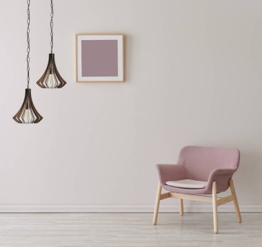 Çerçeveli lamba duvarı ve sandalye konsepti, iç oda.