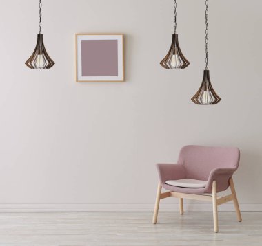 Çerçeveli lamba duvarı ve sandalye konsepti, iç oda.