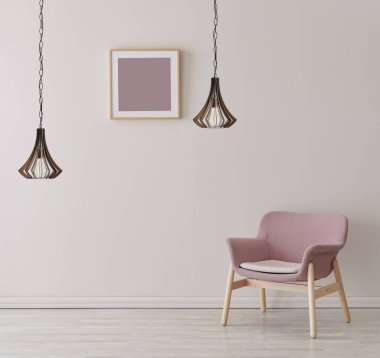 Çerçeveli lamba duvarı ve sandalye konsepti, iç oda.