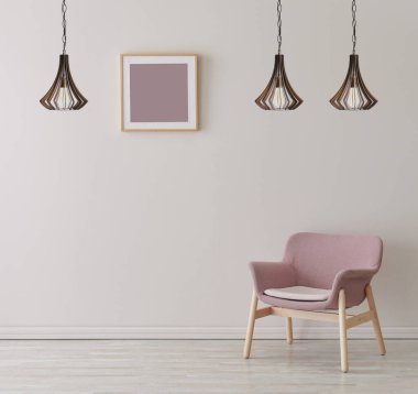 Çerçeveli lamba duvarı ve sandalye konsepti, iç oda.